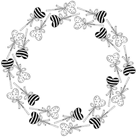 Vector round frame, border from lollipop, gingerbread on stick in shape of heart with bow. Background, decoration for greeting card, invitation, candy shop, valentines day.のイラスト素材