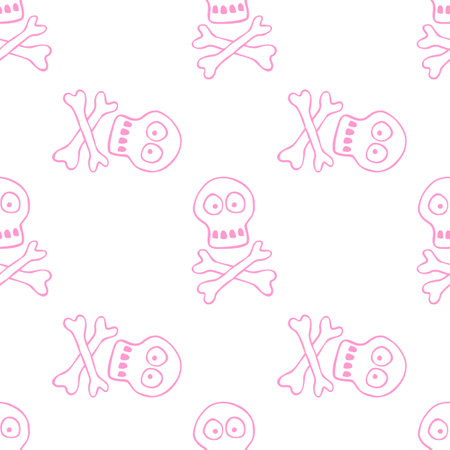 Seamless pattern with human skull and bones. Primitive cartoon style Doodle. Background and texture on theme of Halloween, danger, death, war, poison. For fabric, packaging, party, poster, banner.のイラスト素材