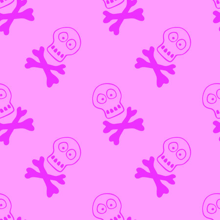 Seamless pattern with human skull and bones. Primitive cartoon style Doodle. Background and texture on theme of Halloween, danger, death, war, poison. For fabric, packaging, party, poster, banner.のイラスト素材