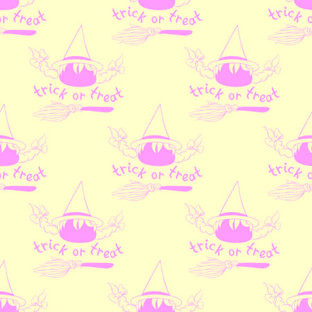 Happy Halloween-seamless pattern with witch icon, broom and lettering. Power girls theme. Textured background for greeting card, invitation, party poster, banner.のイラスト素材