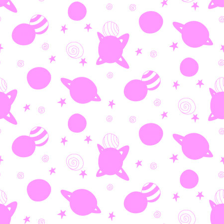 Baby space seamless pattern. Cartoon pink outline planets and stars. Vector cosmic background and texture. For kids design, fabric, wrapping paper, wallpaper, textile, apparel.のイラスト素材
