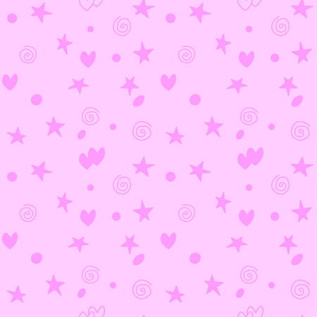 Seamless pattern of simple elements stars hearts points circles rounds rings spirals helixes in doodle style. For background, wrapping paper, birthday, fabric, textile, baby texture.のイラスト素材