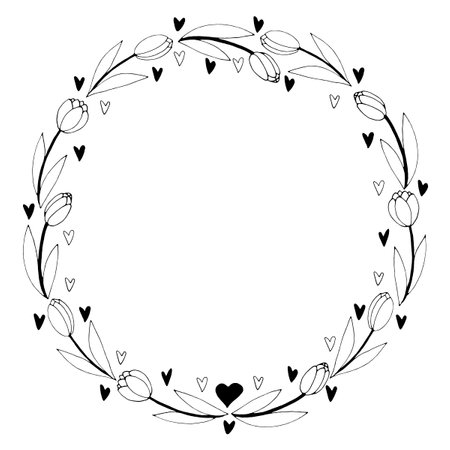 Vector round frame, wreath from outline tulips and hearts. Spring flowers. Hand drawn doodle isolated. Background, border, decoration for greeting card, invitation, Valentine's, Women's or Mother day.のイラスト素材
