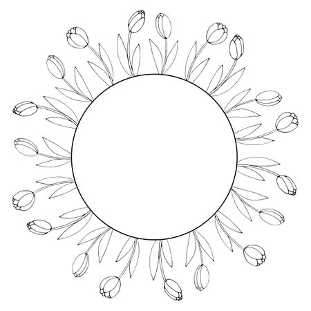 Vector round frame, wreath from outline tulips. Spring flowers. Hand drawn doodle isolated. Background, border, decoration for greeting card, invitation, Valentine's, Women's or Mother day.のイラスト素材