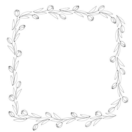 Vector square frame from outline tulips. Spring flowers. Hand drawn doodle isolated. Background, border, decoration for greeting card, coloring pages, Valentine's, Women's or Mother day.のイラスト素材