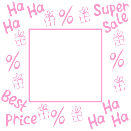Vector frame on theme of black Friday, shopping, discounts and sales. Border made from hand drawn outline gifts, percents, inscriptions in doodle style.のイラスト素材