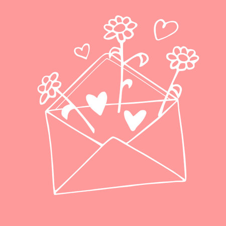 Envelope with letter, flowers and hearts. Cute hand drawn vector element of romantic design. February 14, Valentine's Day. Declaration of love.のイラスト素材