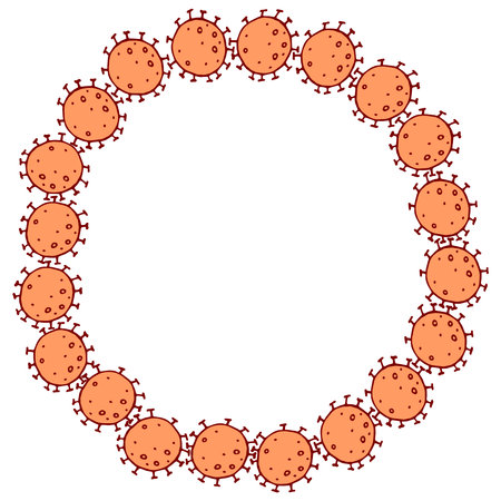 Background, frame, border from molecules, cells of virus, bacteria. Concept of quarantine virus, vaccination. Vector hand drawn outline doodle isolated.のイラスト素材