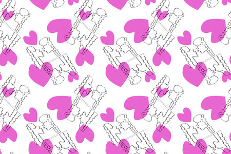 Seamless pattern with kissing people and pink hearts. Line art, doodle, outline abstract kiss as...
