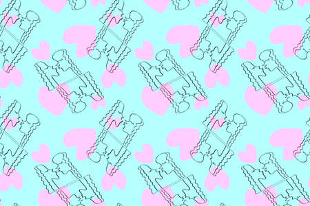 Seamless pattern with kissing people and pink hearts. Line art, doodle, outline abstract kiss as symbol of love. We are connected. Simple vector background, texture.のイラスト素材