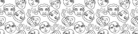 Seamless pattern with cartoon face vector people. Hand drawn line art illustration. Outline doodle head of kids boys girls. Childish texture backdrop.のイラスト素材