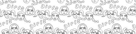 Seamless pattern with cartoon face vector people. Hand drawn line art illustration. Outline doodle head of kids boys girls. Childish texture backdrop.のイラスト素材