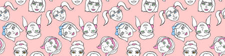 Seamless pattern with cartoon face vector people. Hand drawn illustration. Color head of women, girls. Texture backdrop.のイラスト素材