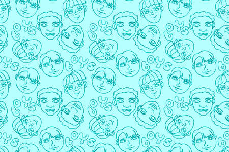 Seamless pattern with cartoon faces vector people. Hand drawn line art illustration. Outline doodle heads of kids boys girls. Childish texture backdrop.のイラスト素材