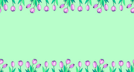 Spring flowers. Frame from pink tulips. Vector doodle hand drawn isolated. Horizontal top and bottom edging, border, decoration for greeting card, invitation, Valentine's, Women's or Mother day.のイラスト素材