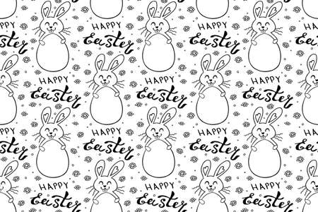Seamless pattern with cute funny contoured bunnies with eggs and Happy Easter lettering. Vector hand drawn outline doodle illustration. Holidays backgrounds, templates and textures.のイラスト素材