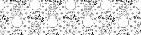 Seamless pattern with cute funny contoured bunnies with eggs and Happy Easter lettering. Vector hand drawn outline doodle illustration. Holidays backgrounds, templates and textures.のイラスト素材