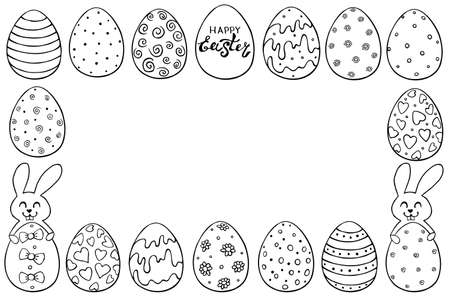 Frame, border with outline decorative Easter eggs and cute rabbits. Vector hand drawn doodle. Template, backdrop, decoration for greeting card, coloring page, invitation.のイラスト素材