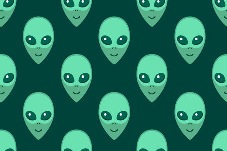 Seamless pattern with Aliens green heads. UFO, Humanoids endless backdrop isolated. Smiling...