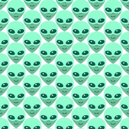 Seamless pattern with Aliens green heads. UFO, Humanoids endless backdrop isolated. Smiling visitors, Martians. Vector illustration, wallpaper on theme of space, conspiracy theory, Sci-fi, fantastic.のイラスト素材