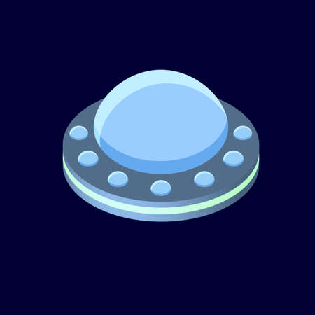 Alien spaceship, ufo isolated on white background. Vector cartoon illustration of futuristic unidentified round flying saucer. Clipart of galaxy spacecraft. Icon, design element of space theme.のイラスト素材