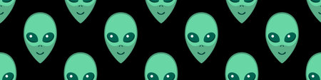 Seamless pattern with Aliens green heads. UFO, Humanoids endless backdrop isolated. Smiling...