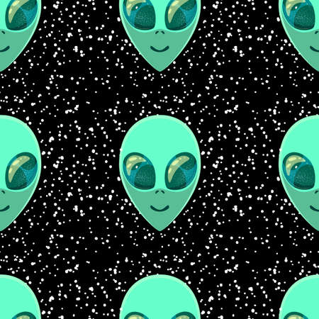 Seamless pattern with Aliens green heads and stars. Smiling visitors, Martians. Vector illustration, wallpaper on theme of space, ufo, conspiracy theory, Sci-fi, fantastic.のイラスト素材
