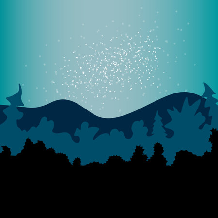 Vector abstract simple landscape backdrop, poster in blue green tones. Stars on the night sky on background of silhouette of forest, trees, mountains. Isolated illustration in flat style.のイラスト素材