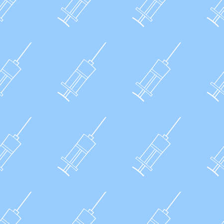 Vector seamless pattern with contour syringes. Hand drawn black outline doodle isolated. Medical background and texture. Equipment, vaccine to treat and protect against virus and vaccination.のイラスト素材