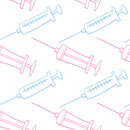Vector seamless pattern with contour syringes. Hand drawn black outline doodle isolated. Medical background and texture. Equipment, vaccine to treat and protect against virus and vaccination.のイラスト素材