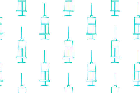 Vector seamless pattern with contour syringes. Hand drawn black outline doodle isolated. Medical background and texture. Equipment, vaccine to treat and protect against virus and vaccination.のイラスト素材