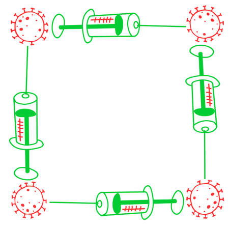 Vector square frame on theme of vaccination. Contour molecules, coronavirus cells and a vaccine syringes. Border, decoration, background for medical design in doodle style.のイラスト素材