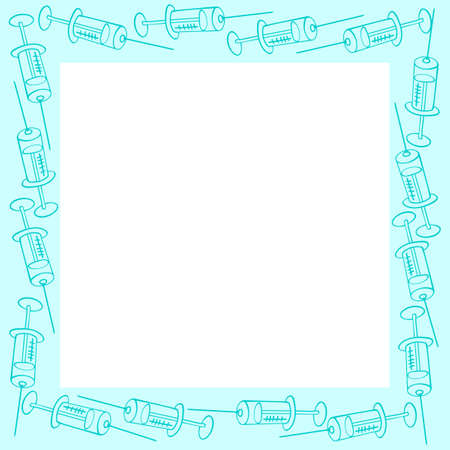 Vector square frame made of contoured syringes. Border, decoration, background on the theme of injections, treatment, vaccination, health and medicine for medical design in the style of doodles.のイラスト素材