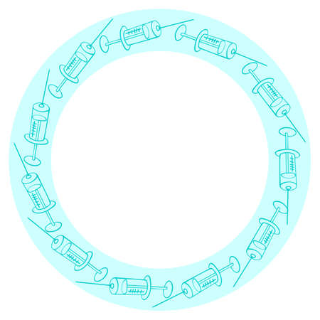 Vector round frame made of contoured syringes. Border, decoration, background on the theme of injections, treatment, vaccination, health and medicine for medical design in the style of doodles.のイラスト素材