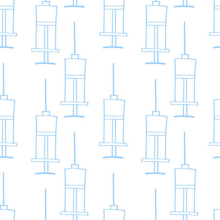 Vector seamless pattern with contour syringes. Hand drawn black outline doodle isolated. Medical background and texture. Equipment, vaccine to treat and protect against virus and vaccination.のイラスト素材