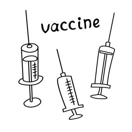 Set of Medical syringe. Hand drawn outline doodle. Medical supplies, medications to treat and protect against the virus.   Isolated on white background. Vector   illustrationのイラスト素材