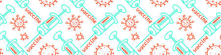 Vector seamless pattern on theme of vaccination. Contour molecules, coronavirus cells and a vaccine syringes. Medical background and texture in the Doodle styleのイラスト素材