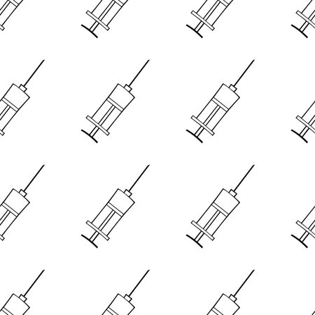Vector seamless pattern with contour syringes. Hand drawn black outline doodle isolated. Medical background and texture. Equipment, vaccine to treat and protect against virus and vaccinationのイラスト素材
