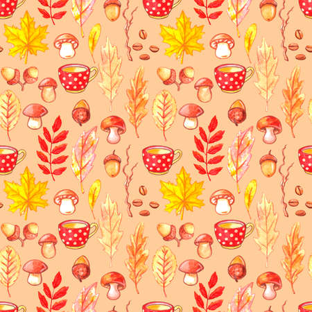 Watercolor seamless pattern, autumn collection, fallen leaves, mushrooms, acorns, grains and a Cup of coffee. Walk through the woods, comfort and warmth, retro Wallpaper.の写真素材