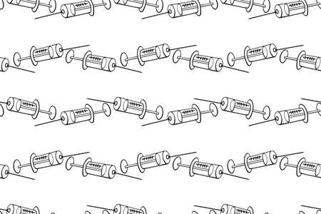 Vector seamless pattern with contour syringes. Hand drawn black outline doodle isolated. Medical background and texture. Equipment, vaccine to treat and protect against virus and vaccination.のイラスト素材