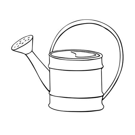 Watering can in hand drawn doodle style isolated on white background. Vector outline illustration. Tools for working on the farm, in the dacha, country.のイラスト素材