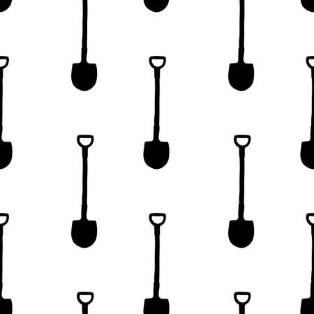 Seamless pattern with garden shovels, spades, scoops. Vector backgrounds and textures with tools for working on the farm, in dacha, country site in flat doodle style. Hand drawn isolated illustration.のイラスト素材