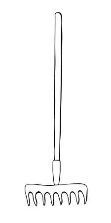 Rake. Hand drawn outline vector illustration in doodle style, isolated. Gardening element. Tools for working in the garden, on the farm, in the dacha, country site.のイラスト素材