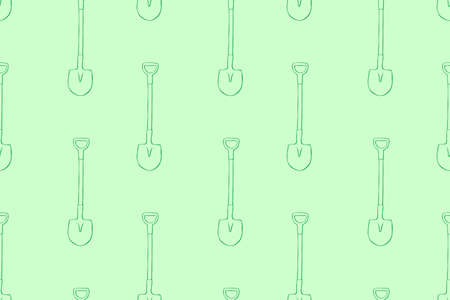 Seamless pattern with garden shovels, spades, scoops. Vector backgrounds and textures with tools for working on the farm, in dacha, country site in flat doodle style. Hand drawn isolated illustration.のイラスト素材
