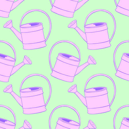 Seamless pattern with watering cans. Hand drawn outline vector background and texture in doodle style, isolated. Gardening tools for working in the garden, on the farm, in the dacha, country site.のイラスト素材