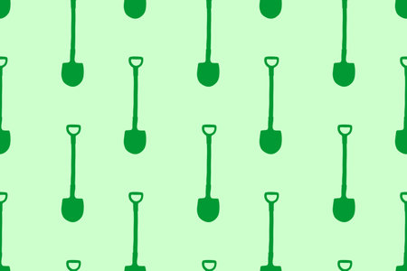 Seamless pattern with garden shovels, spades, scoops. Vector backgrounds and textures with tools for working on the farm, in dacha, country site in flat doodle style. Hand drawn isolated illustration.のイラスト素材