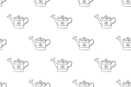 Seamless pattern with watering cans. Hand drawn outline vector background and texture in doodle style, isolated. Gardening tools for working in the garden, on the farm, in the dacha, country site.のイラスト素材