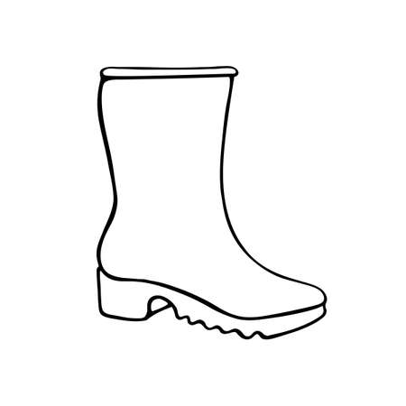 Vector outline rubber rain boot for rainy weather or gardening. Hand drawn element of clothes, clip art in doodle style, isolated.のイラスト素材