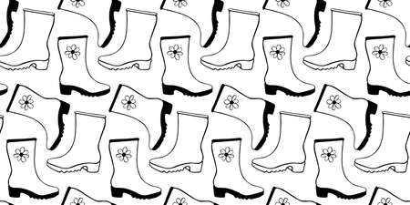 Vector seamless pattern of outline rubber rain boots for rainy weather or gardening, isolated. Hand drawn background and texture with element of clothes in doodle style.のイラスト素材