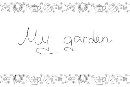 Vector hand drawn border, frame of outline flowers and garden equipments. Horizontal top and bottom edging, seamless pattern, ornament, decorative element with tools gardening in doodle style.のイラスト素材